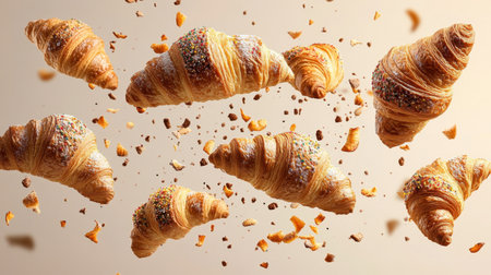 A captivating display of freshly baked croissants and pastries in motion, showcasing their flaky texture and delightful sprinkles. Perfect for food lovers!の素材