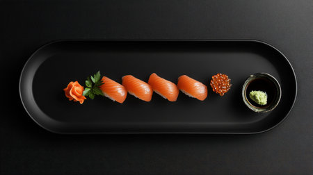 A stunning presentation of tuna sashimi on a glossy black plate showcases the elegance of gourmet dining. Ideal for culinary or restaurant-themed visuals.の素材