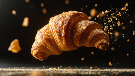 A beautifully captured image of a freshly baked croissant falling on a black surface, highlighting its flaky texture and delicious appearance amidst flying crumbs.の素材