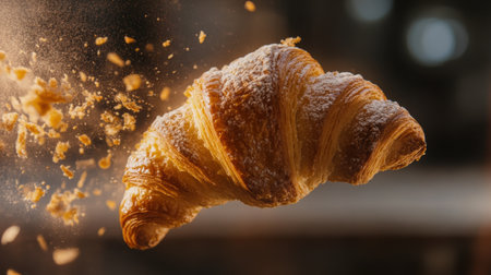 A stunning image of a freshly baked croissant flying through the air, showcasing its flaky texture and golden color. Perfect for food enthusiasts and culinary projects.の素材