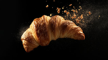 A fresh croissant gracefully falling against a dark background, showcasing its flaky texture and scattering crumbs, perfect for food photography projects.の素材