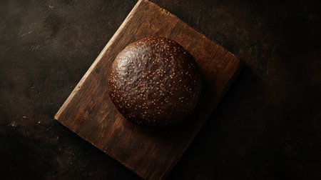 A beautifully crafted dark round buckwheat bread resting on a rustic wooden board, showcasing its rich texture and artisanal qualities ideal for culinary photography.の素材