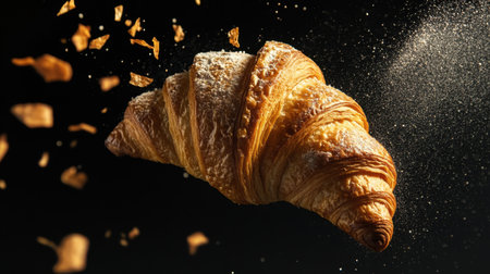 A stunning fresh croissant falls gracefully from above, showcasing its flaky texture and golden hue against a dark backdrop, perfect for food photography.の素材