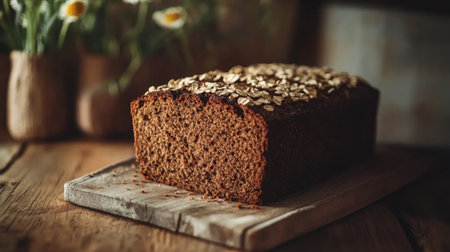 Enjoy a beautifully crafted homemade organic rye bread loaf, topped with oats, showcasing a rustic appeal perfect for any meal or snack time.の素材