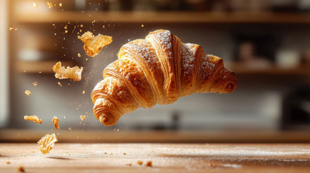 A freshly baked croissant floats gracefully above a wooden surface, capturing the essence of indulgence in a cozy kitchen setting. The crumbs dance in the air.の素材