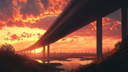 A stunning image showcasing a highway overpass at sunset, stretching into a vibrant horizon. The scene captures colors reflecting in the water, enhancing the serene atmosphere.の素材