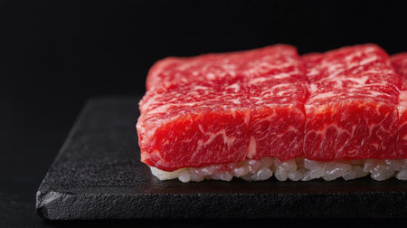 An elegant presentation of luscious wagyu sushi on a sleek slate board, highlighting the marbled textures and vibrant color, perfect for gourmet dining experiences.の素材