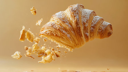 A freshly baked croissant soaring through the air, showcasing its flaky texture and golden color. Perfect for food enthusiasts and bakery lovers.の素材