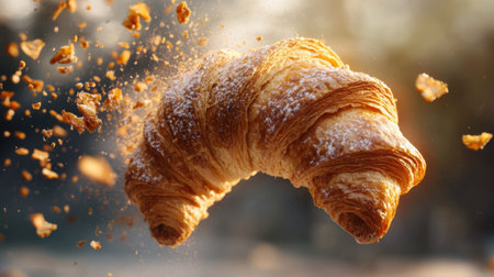 A freshly baked croissant soaring gracefully through the air, showcasing its flaky texture and golden hue. Perfect for food photography, this image captures the essence of pastry delight.の素材
