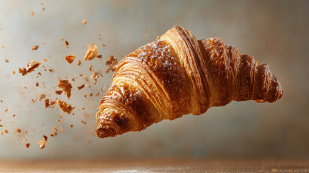 A beautifully captured image of a freshly baked croissant floating mid-air, showcasing its flaky layers and golden-brown texture, perfect for culinary and food-related projects.の素材
