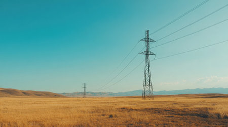 A serene landscape featuring high voltage electric power lines supported by steel towers against a backdrop of blue sky and golden fields.の素材