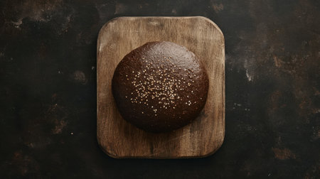 This image features a freshly baked round buckwheat bread resting on a wooden board, showcasing its dark crust and rustic appearance, perfect for baking enthusiasts.の素材