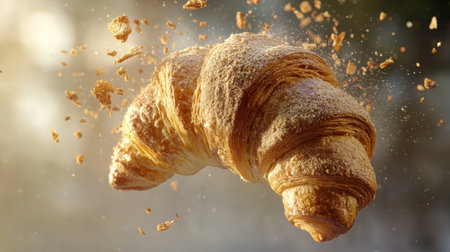A freshly baked croissant gracefully soars through the air, capturing the essence of deliciousness with its flaky and golden layers. Perfect for food enthusiasts!の素材