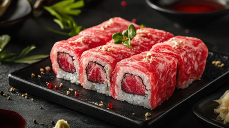 This image features luxurious wagyu sushi elegantly presented on a black plate, showcasing marbled meat and a gourmet preparation ideal for fine dining experiences.の素材