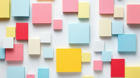 This image features a vibrant and neat arrangement of colorful sticky notes on a white background, showcasing creativity and design versatility in an office or creative space.の素材