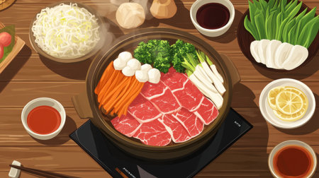 A beautifully arranged Japanese hotpot featuring fresh ingredients like beef, vegetables, and rich broth, perfect for a cozy dining experience. Enjoy the vibrant flavors.の素材