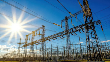 A striking view of high voltage powerlines and metal pylons under a radiant sun, showcasing the infrastructure of electrical energy transmission in a rural landscape.の素材