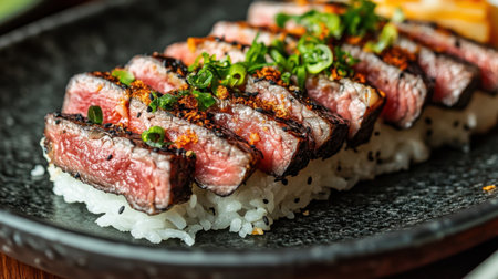 This stunning image showcases a high-end wagyu sushi dish, featuring thin slices of tender beef on a bed of rice, beautifully garnished for an exquisite dining experience.の素材