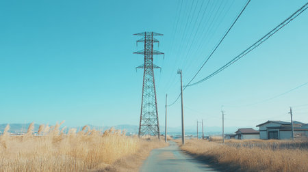 A striking image of a metal pylon towering under a clear blue sky, surrounded by tall grass and a winding road, showcasing rural energy infrastructure.の素材