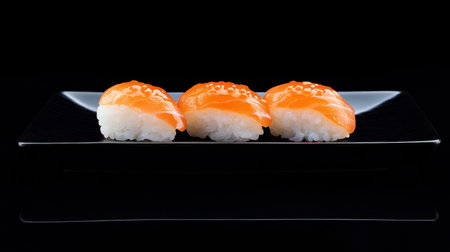 A minimalistic shot capturing elegant sushi pieces topped with fresh salmon roe, served on a sleek black plate, perfect for showcasing gourmet delights.の素材