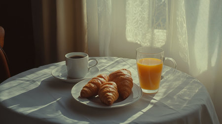 A serene morning setting featuring a cup of coffee, croissants, and fresh orange juice on a table. Perfect for showcasing breakfast moments and tranquility.の素材