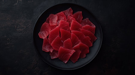 A visually stunning presentation of finely cut tuna sashimi arranged beautifully on a black plate, showcasing its rich red color and fresh quality. Perfect for culinary enthusiasts.の素材
