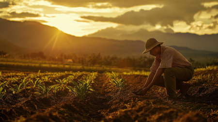 A dedicated gardener plants rambutan trees at sunset in a serene highland setting. The scene captures the beauty of agriculture and natureの素材