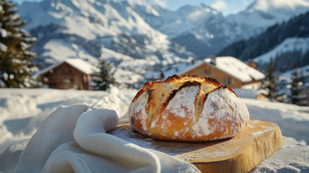 A rustic homemade tartine rests on a wooden board, set against a breathtaking snowy mountain landscape, capturing the essence of comfort and warmth in winter.の素材