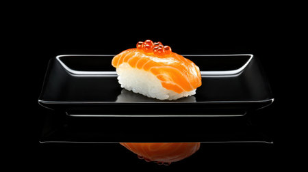 Enjoy a stunning presentation of salmon roe sushi on a sleek black plate, showcasing vibrant colors and fresh ingredients for a gourmet dining experience.の素材