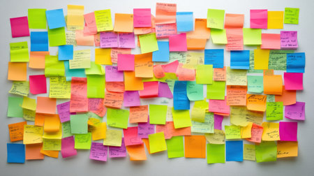 A vibrant assortment of colorful sticky notes displayed on a white background, ideal for representing creativity, organization, and brainstorming in an office or study environment.の素材