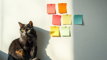 A charming cat rests beside an arrangement of colorful sticky notes on a light wall. The vibrant shades contrast beautifully with the soft sunlight, creating a serene home atmosphere.の素材