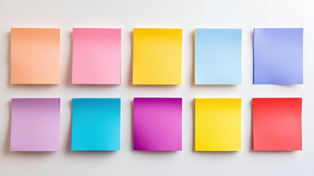 A vibrant arrangement of colorful blank sticky notes on a white surface, perfect for creative projects, office organization, and personal reminders.の素材