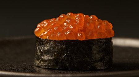 A beautifully arranged sushi roll topped with vibrant salmon roe, presenting a gourmet experience. Perfect for culinary enthusiasts and food lovers alike.の素材