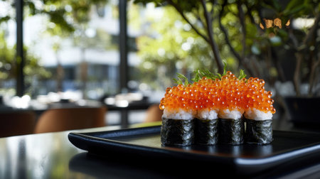 A beautiful sushi roll topped with bright salmon roe, artfully arranged on a sleek black plate, perfect for showcasing gourmet Japanese cuisine in any dining setting.の素材