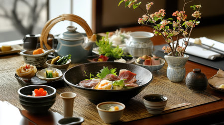 Experience the beauty of a traditional Japanese shabu shabu dining set, featuring fresh ingredients, elegant dishes, and serene decor in a warm atmosphere. Perfect for culinary exploration.の素材