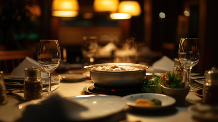 A cozy table set for traditional Japanese shabu shabu dining, featuring steaming broth and fresh ingredients, creating a warm and inviting atmosphere for guests.の素材