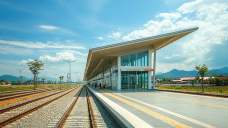 A modern railway station in Vientiane offers sleek architecture set against a vibrant blue sky, featuring spacious platforms and scenic surroundings for travelers.の素材
