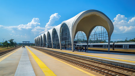 The image features a modern railway station in Vientiane, showcasing a sleek architectural design. Its expansive facade and vibrant surroundings create an inviting travel hub.の素材