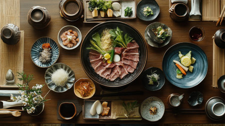 A beautifully arranged traditional Japanese shabu shabu table featuring fresh ingredients, vibrant vegetables, and an inviting presentation for a delightful dining experience.の素材