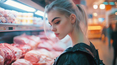 A young woman is thoughtfully choosing fresh meat in a supermarket. The scene captures the vibrant atmosphere of grocery shopping and the emphasis on quality and selection.の素材