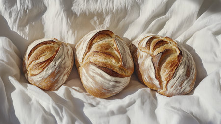 Three freshly baked bread loaves rest on soft white fabric, showcasing their golden crusts and rustic texture. Perfect for culinary inspiration and food photography.の素材