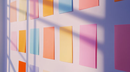 A collection of colorful sticky notes arranged on a wall, showcasing a vibrant and organized workspace. Ideal for creative planning and inspiration.の素材