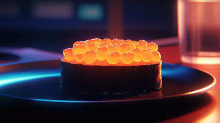 This image captures an elegant presentation of sushi topped with vibrant salmon roe. The reflective plate and glowing colors enhance the gourmet appeal. Perfect for food or culinary art themes.の素材