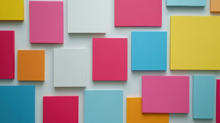 A vibrant collection of colorful blank sticky notes arranged on a white background, perfect for creative projects, organization, and inspiration in workspace settings.の素材