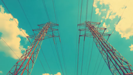 This image captures high voltage power lines soaring against a vibrant blue sky, showcasing a vital aspect of energy infrastructure in a picturesque setting.の素材