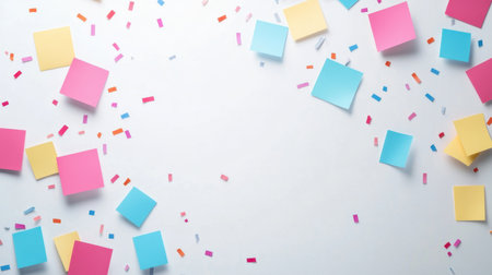 A vibrant arrangement of multicolored sticky notes scattered on a clean white background, perfect for representing creativity, organization, and inspiration in an office or workspace setting.の素材