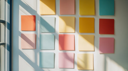 A vibrant arrangement of colorful sticky notes on a wall, showcasing various shades. Ideal for creative spaces, office inspiration, or organization concepts.の素材