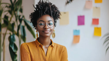 A confident woman smiles in a modern workspace adorned with colorful sticky notes. The bright environment encourages creativity and organization, ideal for business settings.の素材