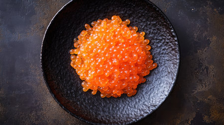 A visually striking arrangement of salmon roe sushi on a black plate, showcasing the vibrant orange color and spherical shape, perfect for any gourmet setting.の素材