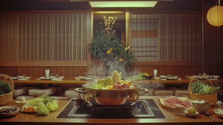 A beautifully arranged traditional Japanese shabu shabu dining setup showcasing fresh ingredients in a serene atmosphere, perfect for gatherings and culinary enjoyment.の素材